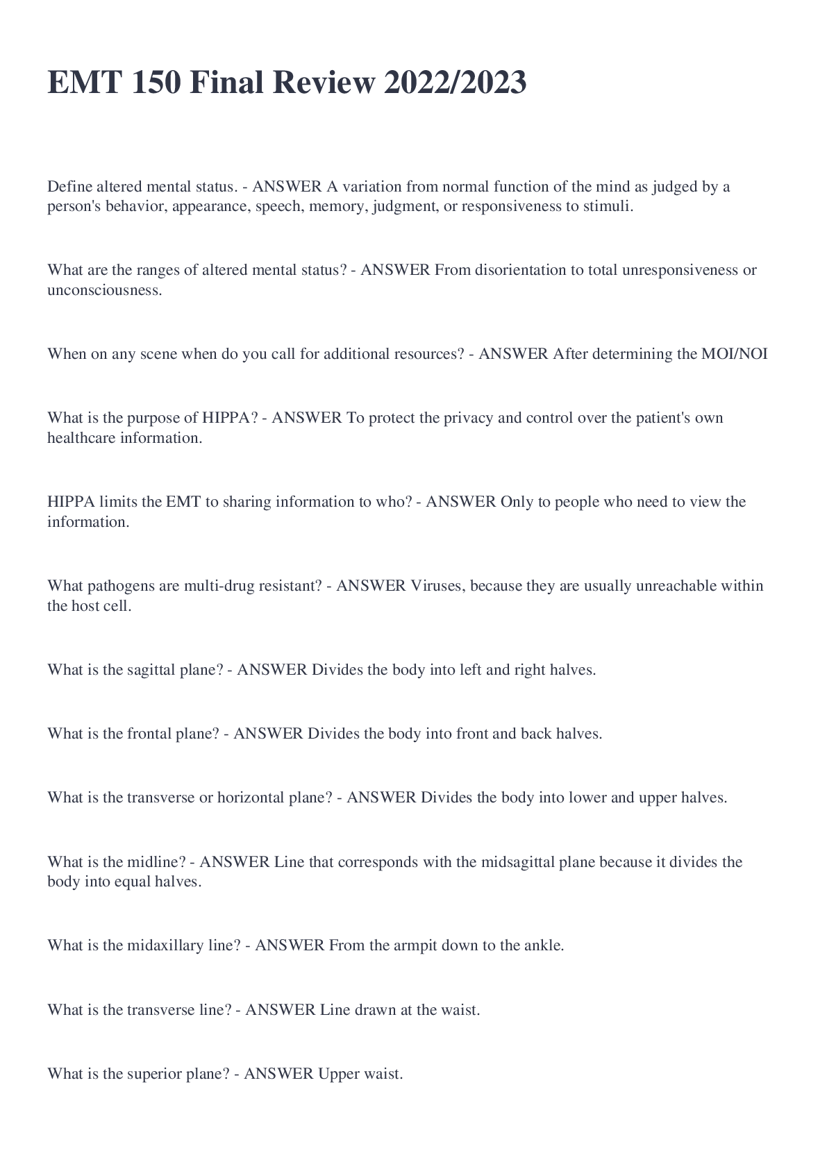 Preview image of EMT 150 Final Review 2022/2023 document